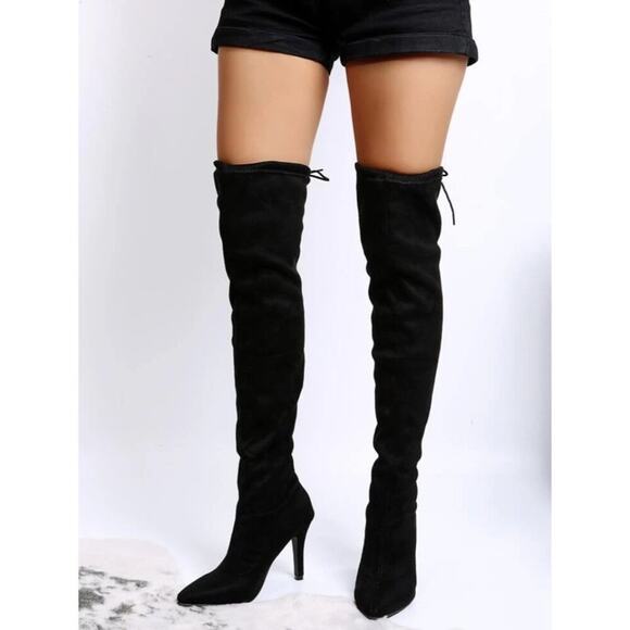 Aldo Black Faux Suede Thigh High Stiletto Boots Women's 9 Side Zip Pointy Toe - Picture 1 of 10